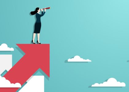 Business vision and target, Business woman holding telescope standing on red arrow up go to success in career. Concept business, Achievement, Character, Leader, Vector illustration flat